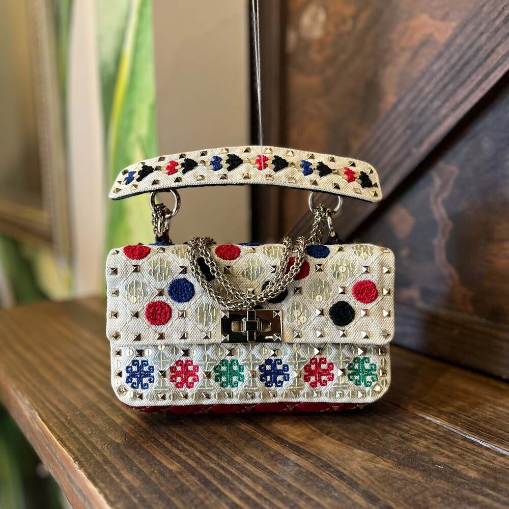 VALENTINO Embroidered Sequin Linen Canvas Rockstud Crossbody